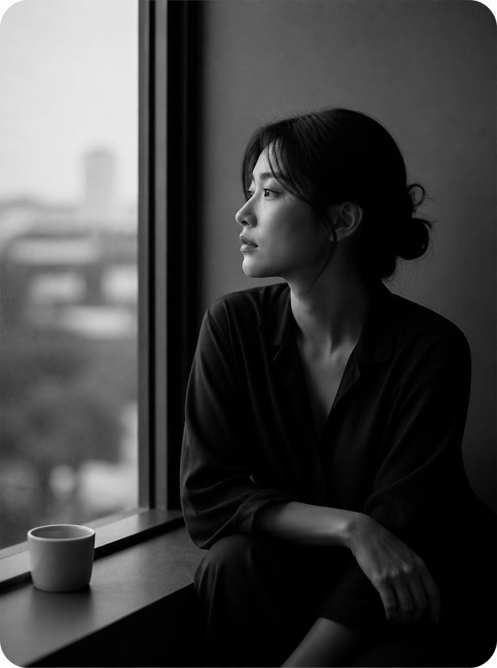 창가에 앉아 행복에 대해 생각하는 모습